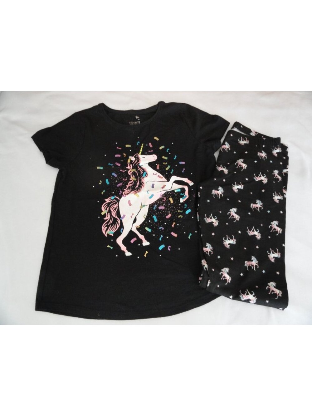 Unicorn Graphic T-Shirt & Leggings Set Black Girls XL (14/16) Cotton Blend